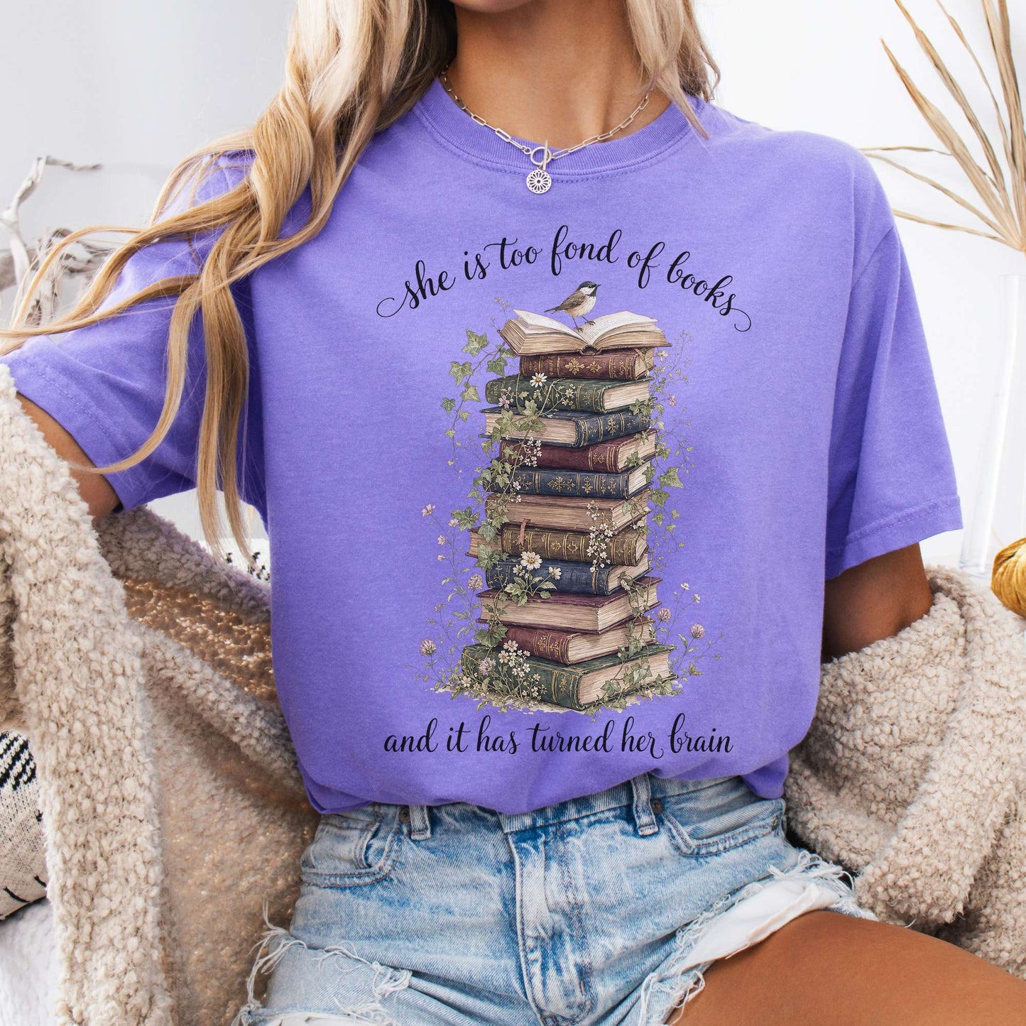T-Shirt Violet / S She Is Too Fond of Books Louisa May Alcott Literary T-Shirt The Mystic Eden