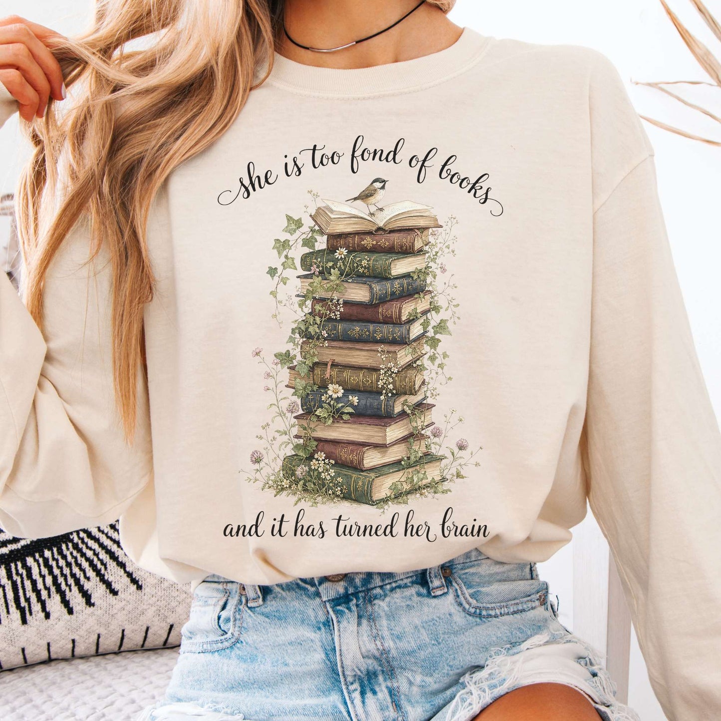 Long-sleeve Ivory / S She Is Too Fond of Books Louisa May Alcott Literary Long Sleeve The Mystic Eden