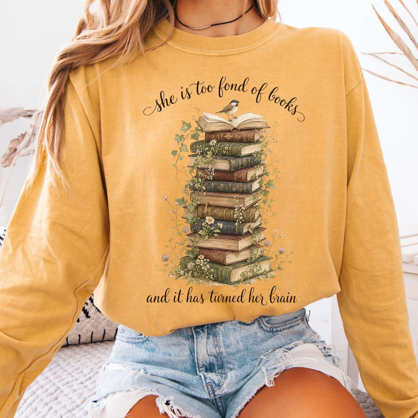 Long-sleeve Mustard / S She Is Too Fond of Books Louisa May Alcott Literary Long Sleeve The Mystic Eden