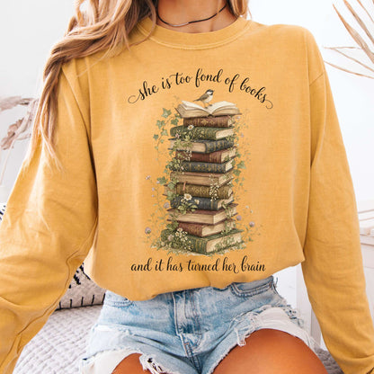 Long-sleeve Mustard / S She Is Too Fond of Books Louisa May Alcott Literary Long Sleeve The Mystic Eden