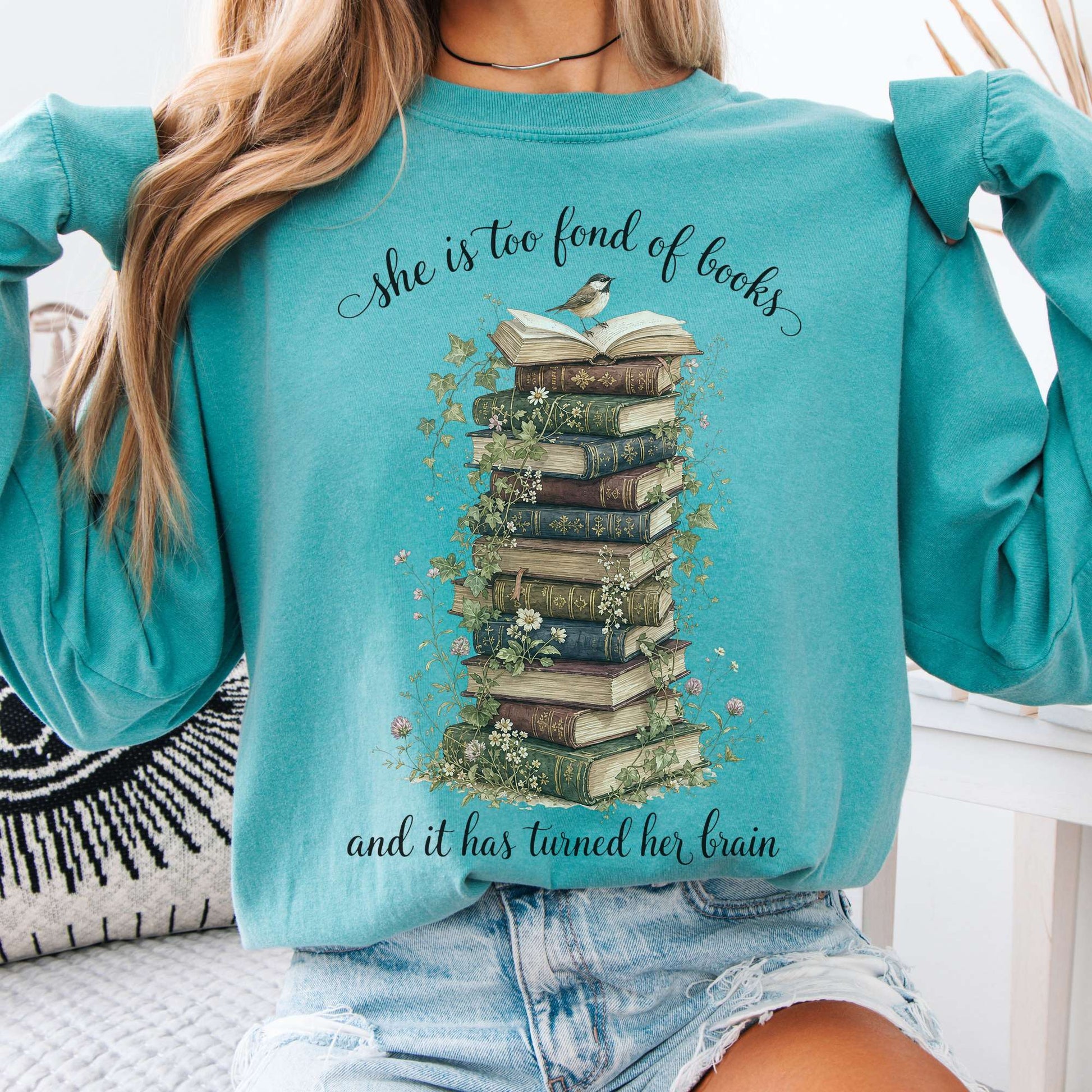 Long-sleeve Seafoam / S She Is Too Fond of Books Louisa May Alcott Literary Long Sleeve The Mystic Eden
