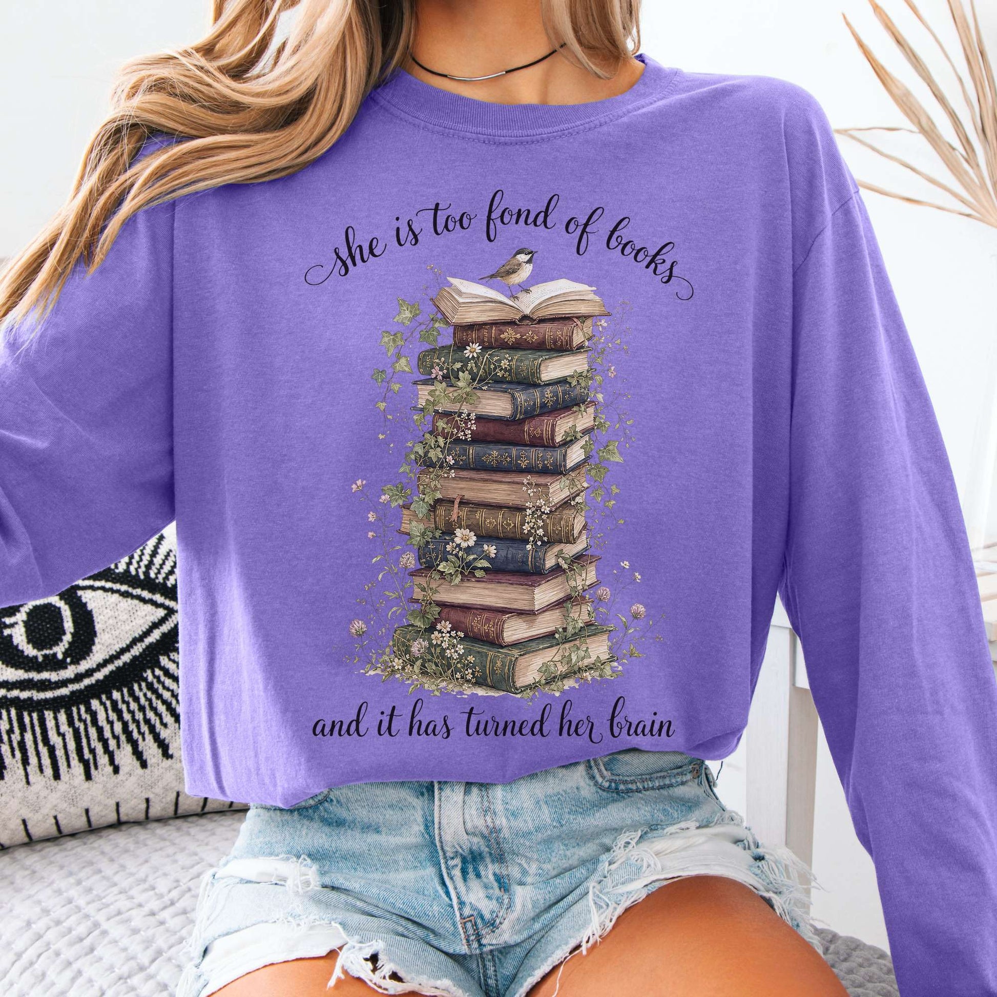 Long-sleeve Violet / S She Is Too Fond of Books Louisa May Alcott Literary Long Sleeve The Mystic Eden