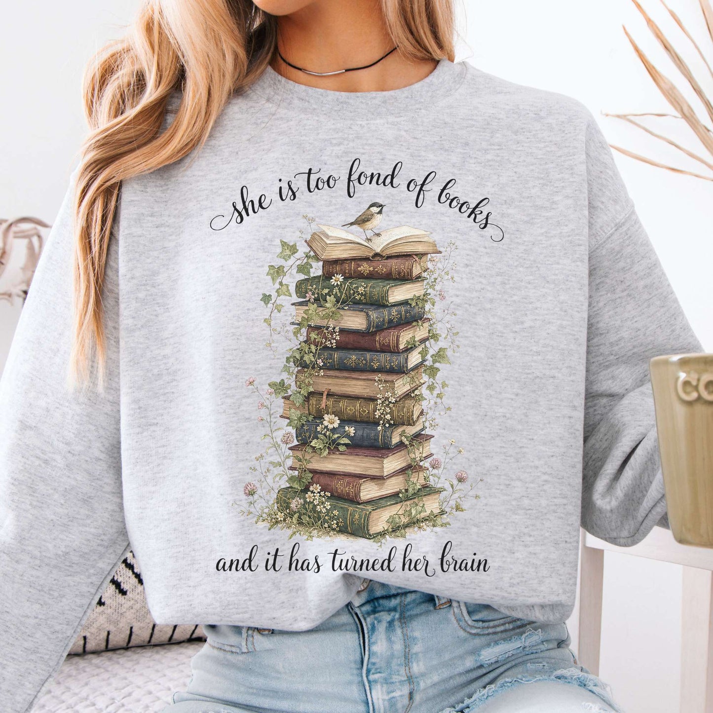 Ash - She Is Too Fond of Books Louisa May Alcott Literary Crewneck Sweatshirt