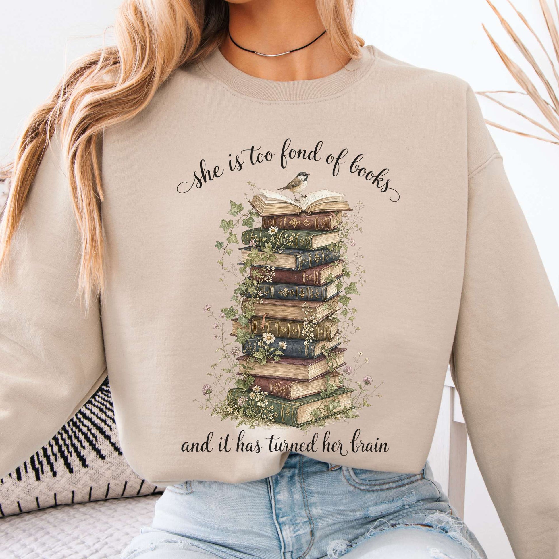 Sand - She Is Too Fond of Books Louisa May Alcott Literary Crewneck Sweatshirt