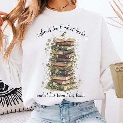 White - She Is Too Fond of Books Louisa May Alcott Literary Crewneck Sweatshirt