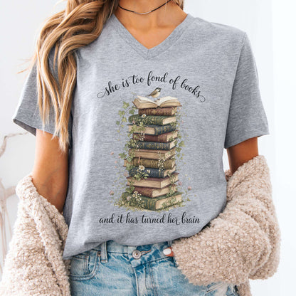 V-neck Athletic Heather / S She Is Too Fond of Books Louisa May Alcott Literary V-Neck The Mystic Eden