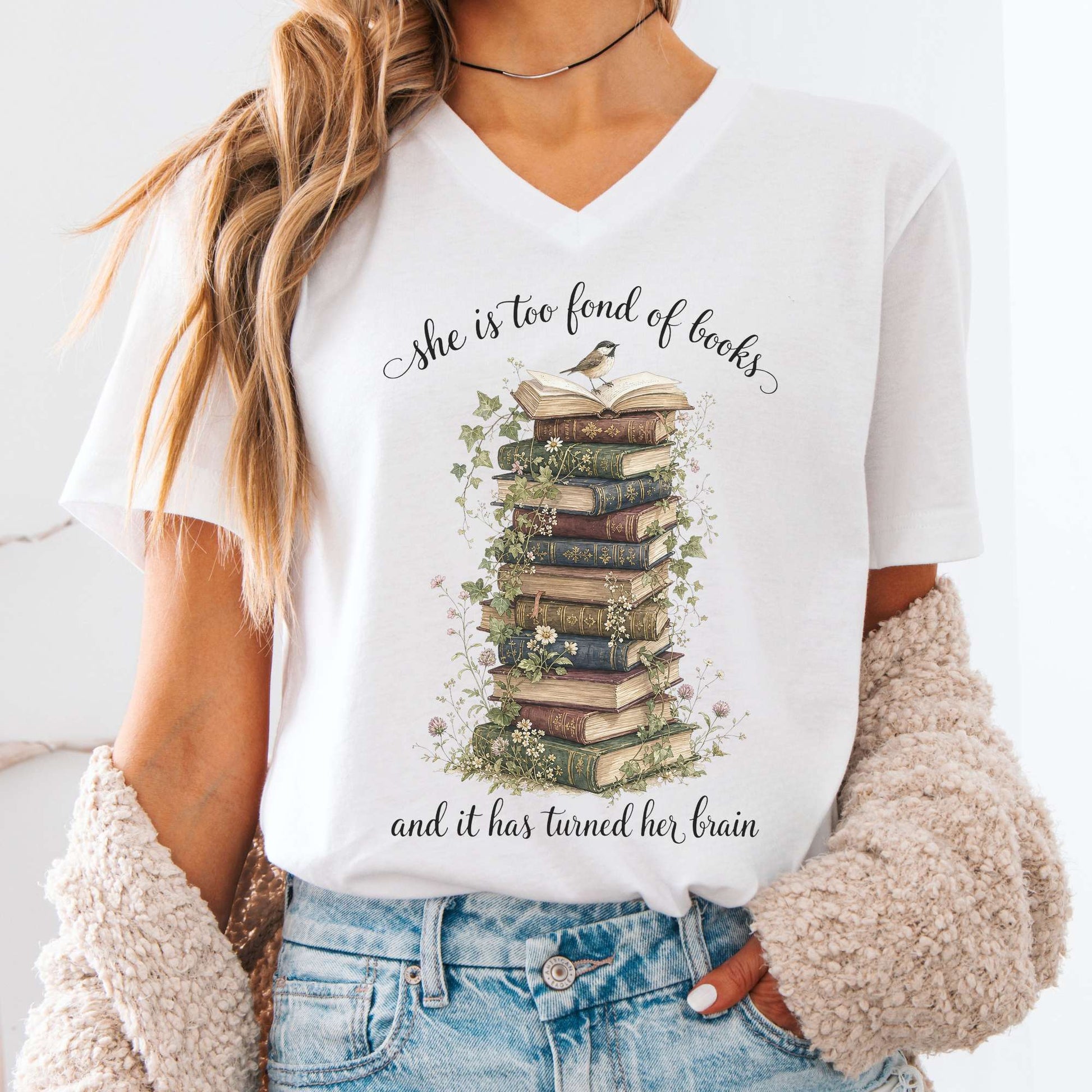 V-neck White / S She Is Too Fond of Books Louisa May Alcott Literary V-Neck The Mystic Eden