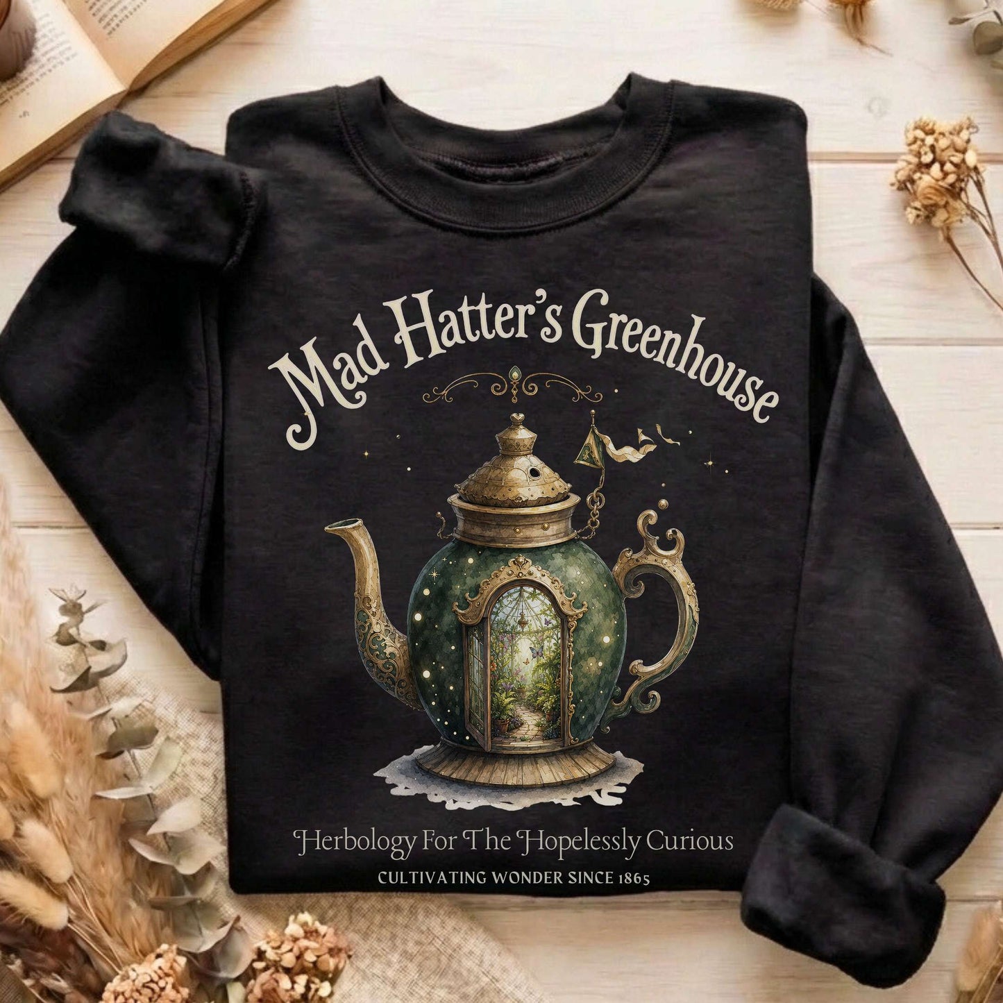 Mad Hatter's Greenhouse Lewis Carroll Literary Sweatshirt