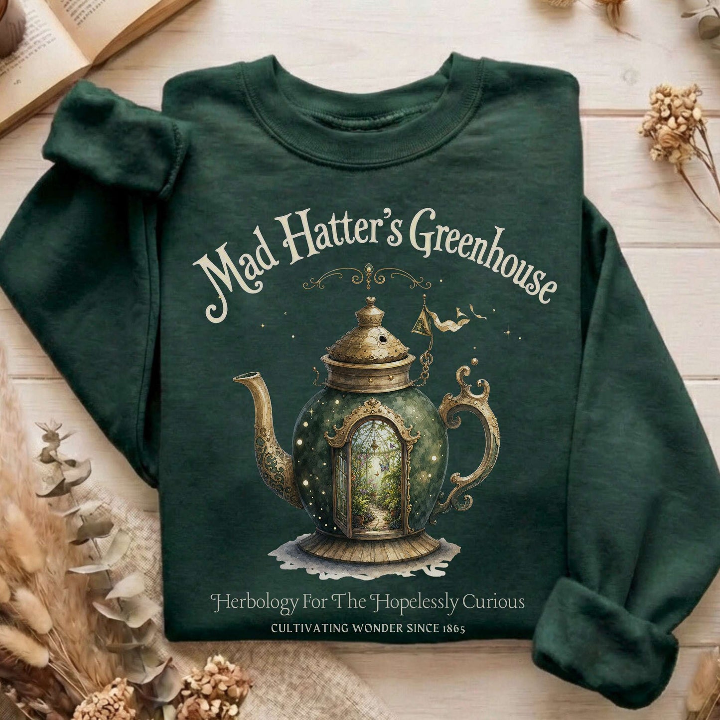 Mad Hatter's Greenhouse Lewis Carroll Literary Sweatshirt