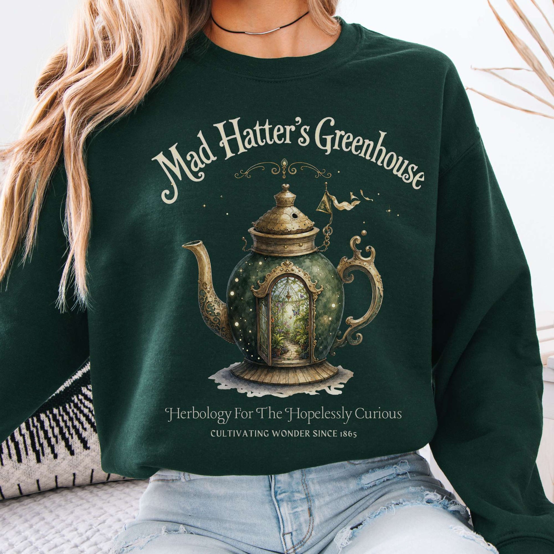 Sweatshirt Forest Green / S Mad Hatter's Greenhouse Lewis Carroll Literary Crewneck Sweatshirt The Mystic Eden