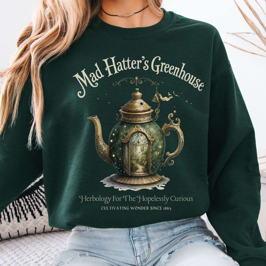 Sweatshirt Forest Green / S Mad Hatter's Greenhouse Lewis Carroll Literary Crewneck Sweatshirt The Mystic Eden