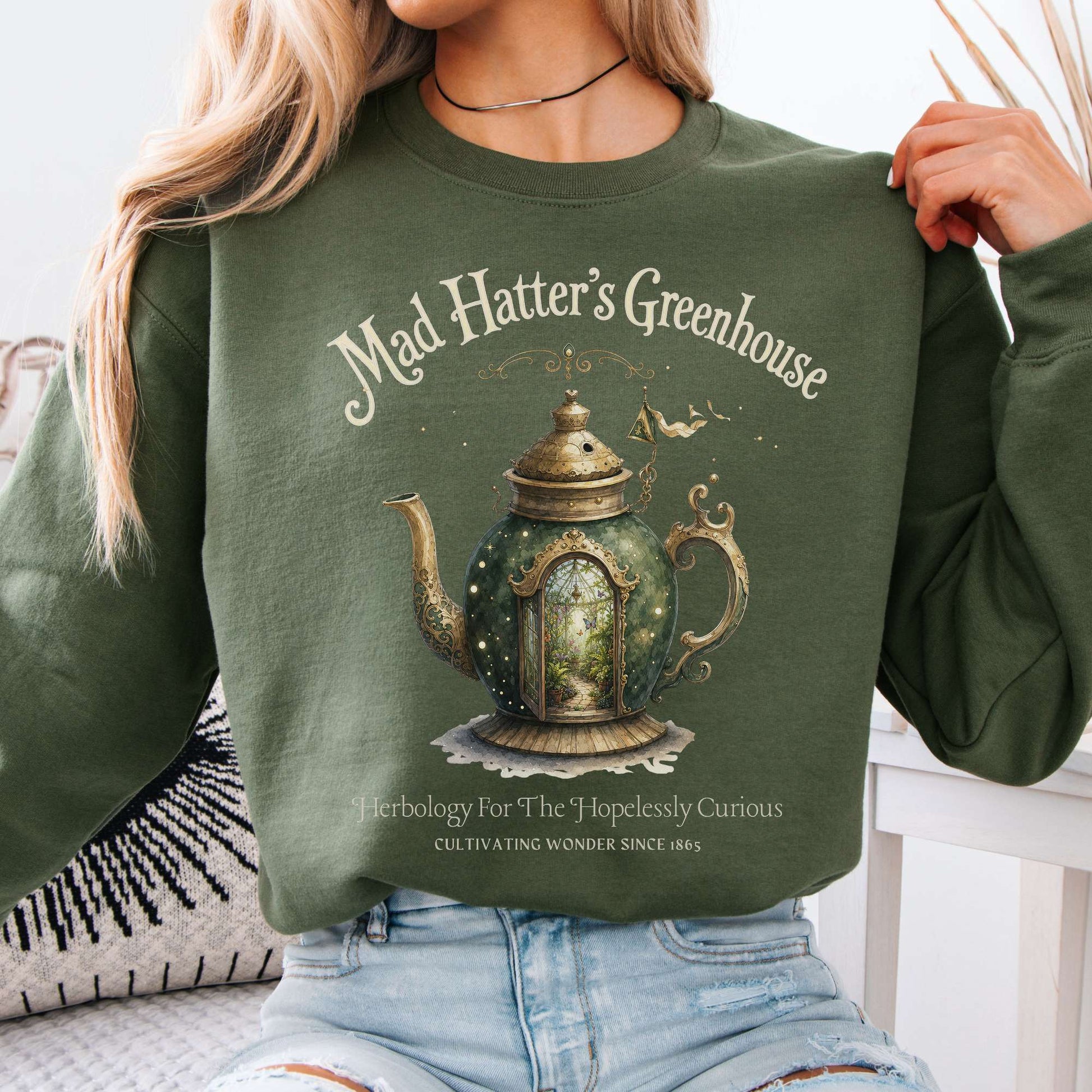 Sweatshirt Military Green / S Mad Hatter's Greenhouse Lewis Carroll Literary Crewneck Sweatshirt The Mystic Eden