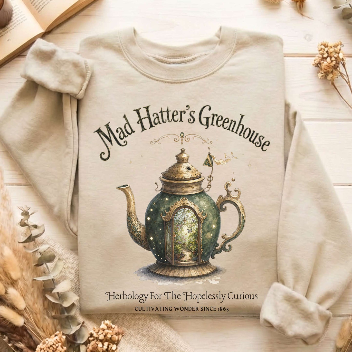 Mad Hatter's Greenhouse Lewis Carroll Literary Sweatshirt