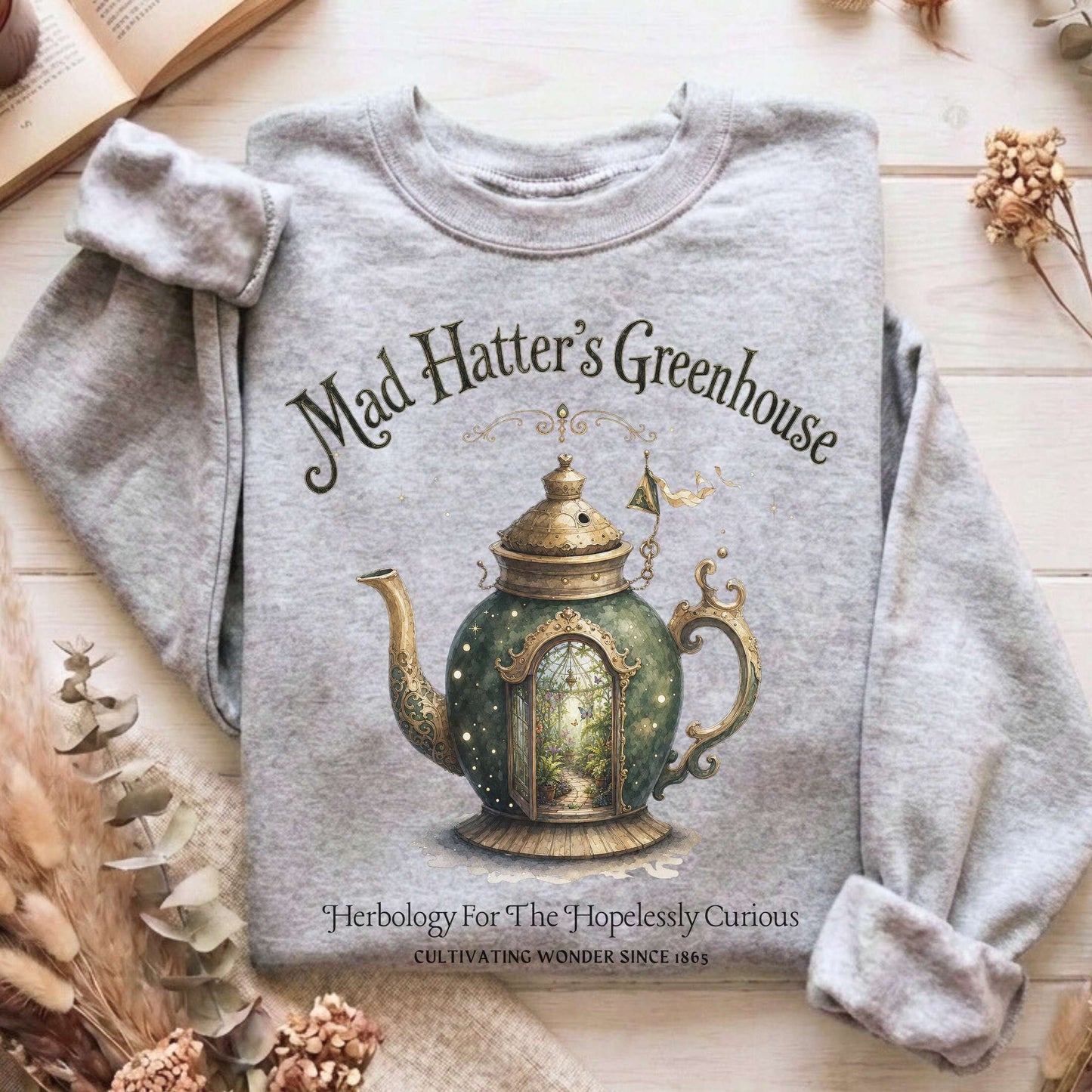 Mad Hatter's Greenhouse Lewis Carroll Literary Sweatshirt