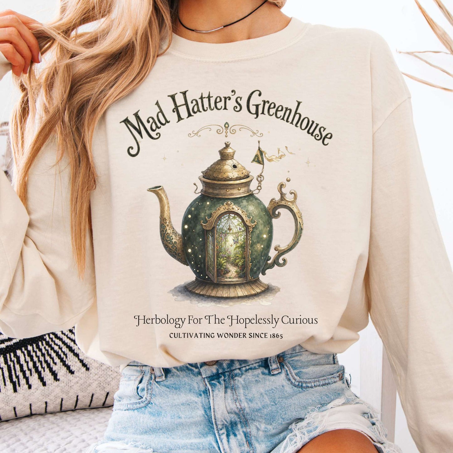 Long-sleeve Ivory / S Mad Hatter's Greenhouse Lewis Carroll Literary Long Sleeve The Mystic Eden