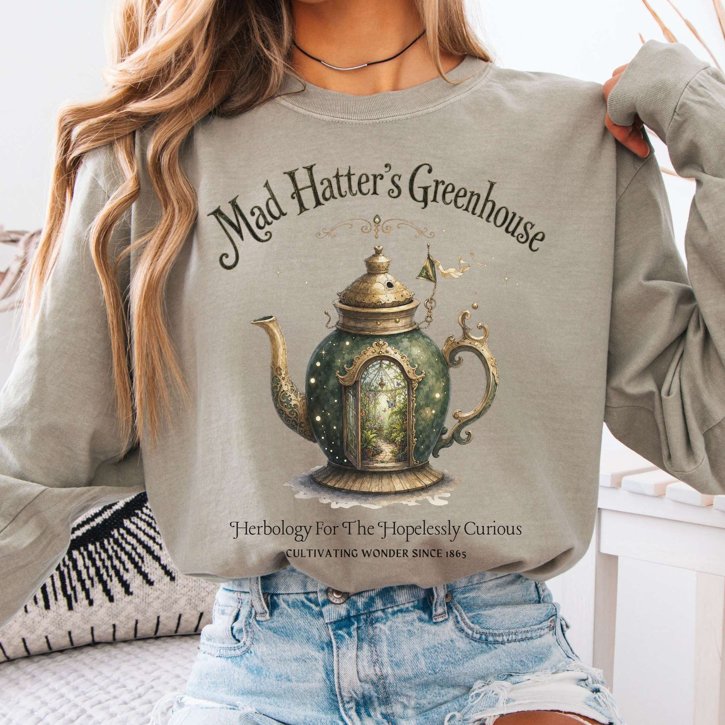 Long-sleeve Sandstone / S Mad Hatter's Greenhouse Lewis Carroll Literary Long Sleeve The Mystic Eden