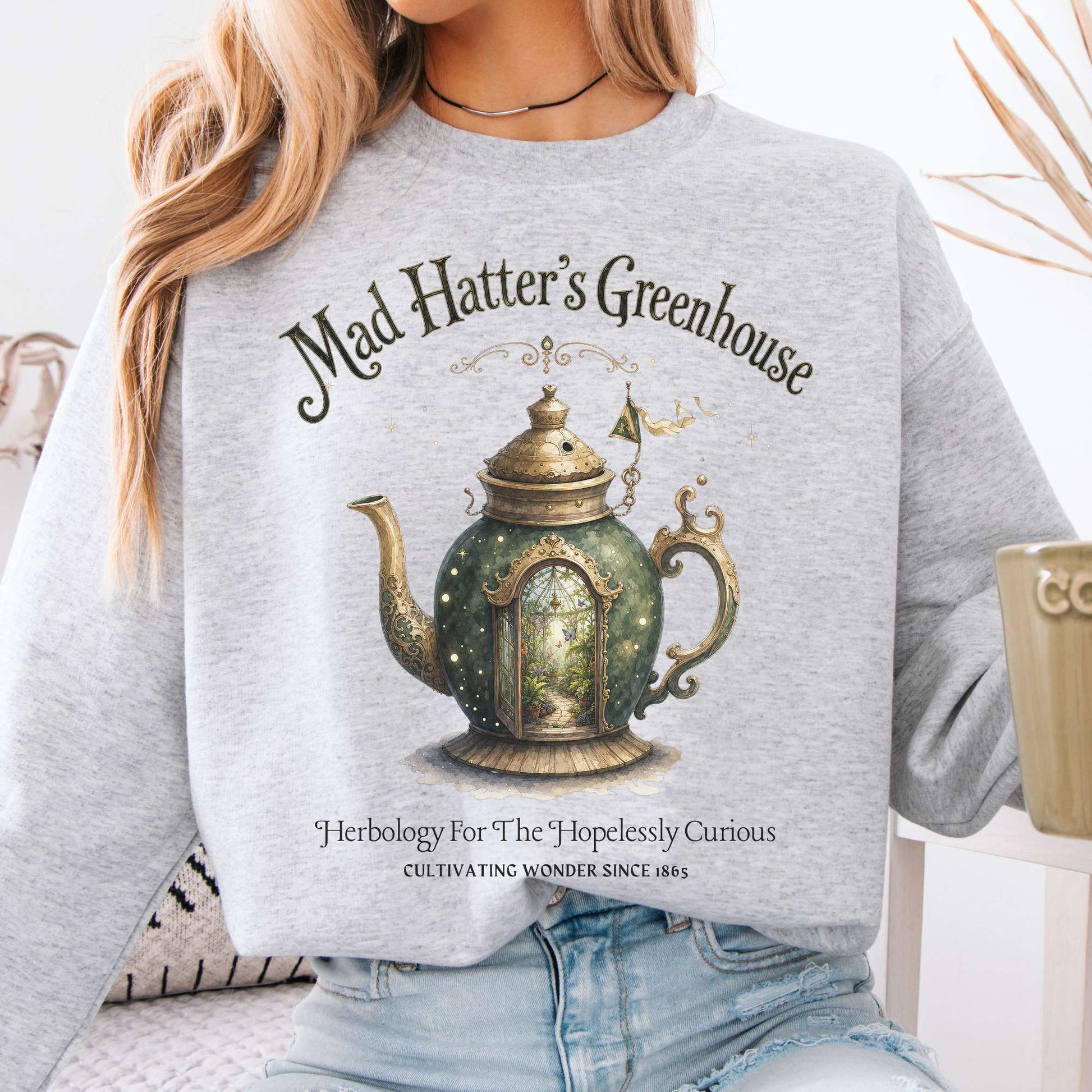 Sweatshirt Ash / S Mad Hatter's Greenhouse Lewis Carroll Literary Crewneck Sweatshirt The Mystic Eden