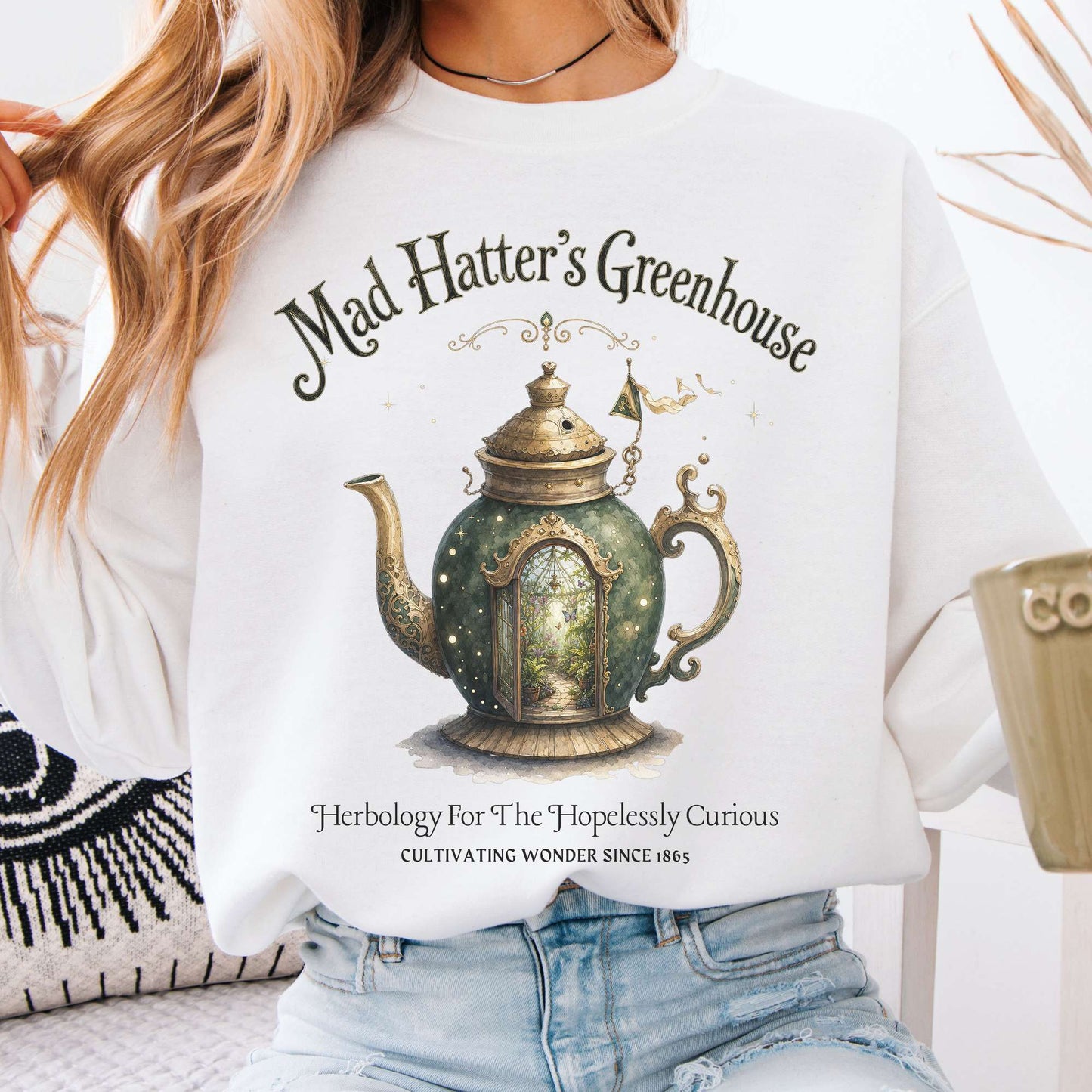 Sweatshirt White / S Mad Hatter's Greenhouse Lewis Carroll Literary Crewneck Sweatshirt The Mystic Eden