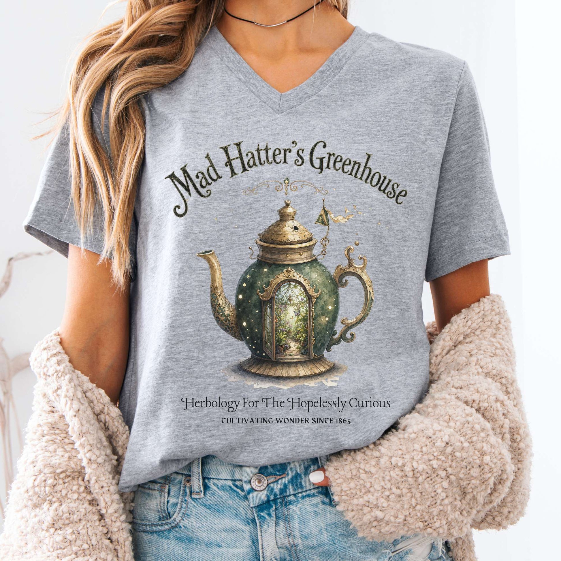 V-neck Athletic Heather / S Mad Hatter's Greenhouse Lewis Carroll Literary V-Neck The Mystic Eden