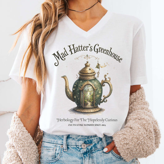 V-neck White / S Mad Hatter's Greenhouse Lewis Carroll Literary V-Neck The Mystic Eden