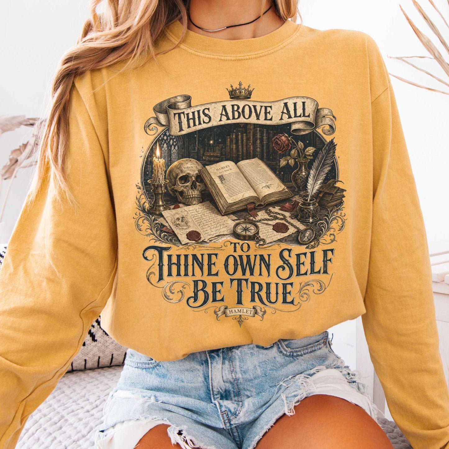Long-sleeve Mustard / S To Thine Own Self Be True Hamlet Shakespeare Long Sleeve The Mystic Eden