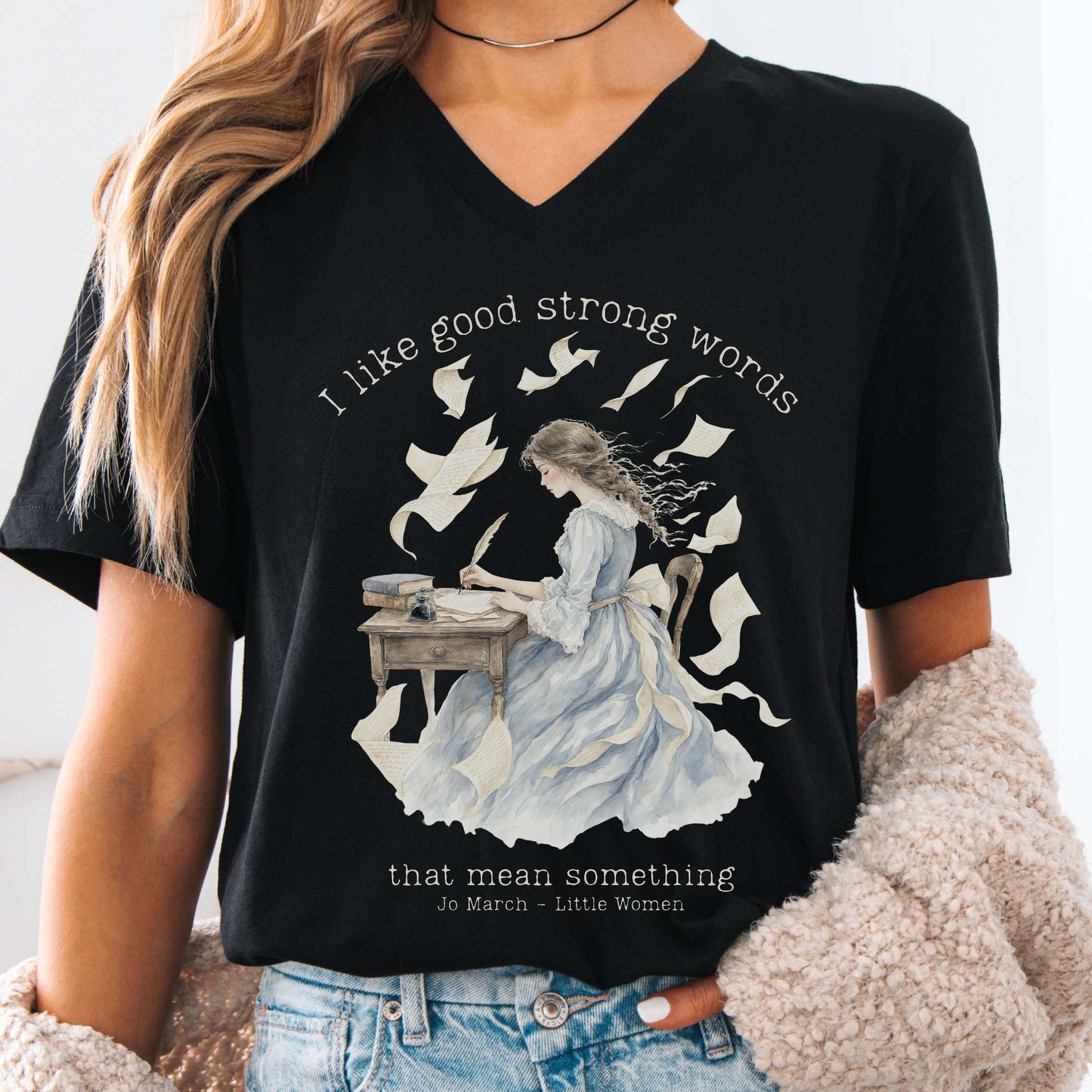 V-neck Black / S I Like Good Strong Words Little Women Alcott Literary V-Neck The Mystic Eden