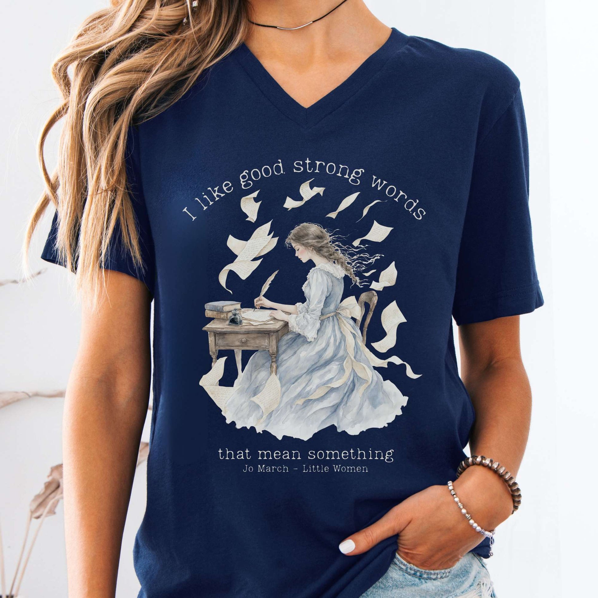 V-neck Navy / S I Like Good Strong Words Little Women Alcott Literary V-Neck The Mystic Eden
