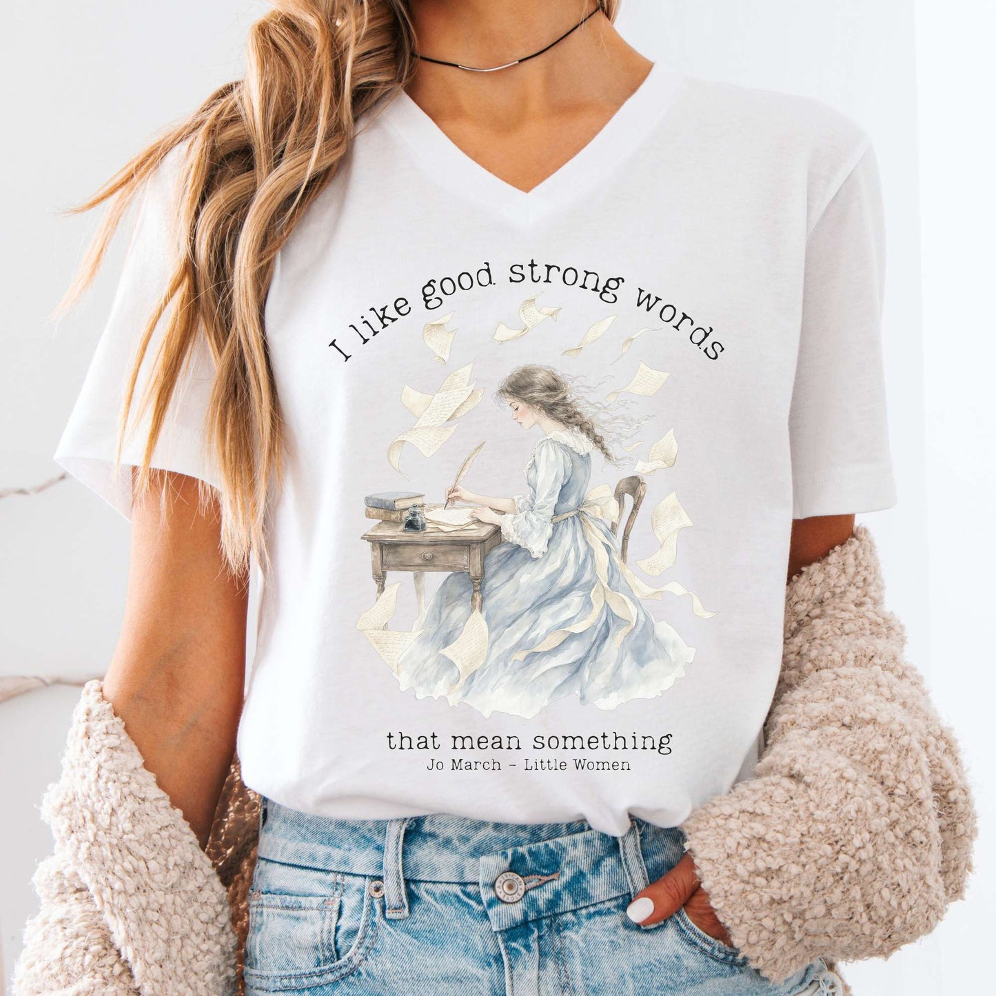 V-neck White / S I Like Good Strong Words Little Women Alcott Literary V-Neck The Mystic Eden
