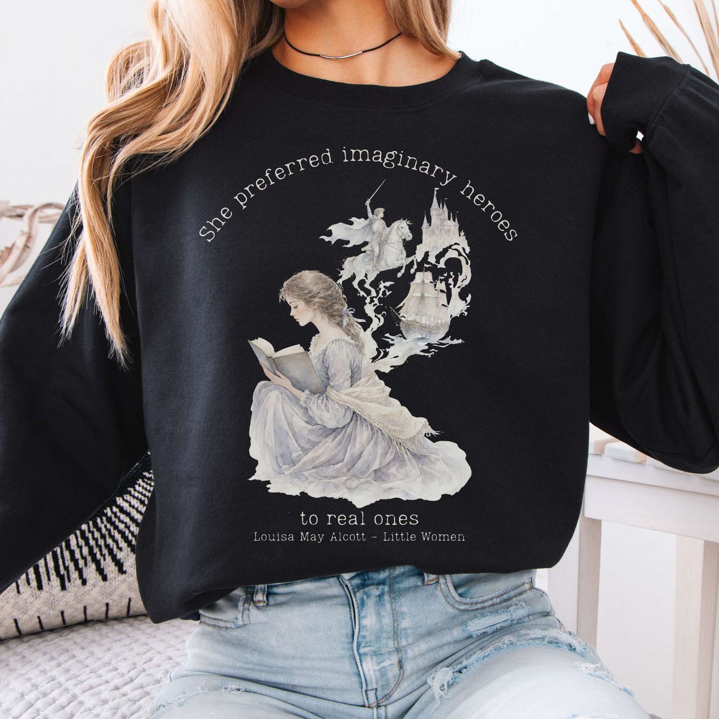 Black - She Preferred Imaginary Heroes Louisa May Alcott Literary Crewneck Sweatshirt