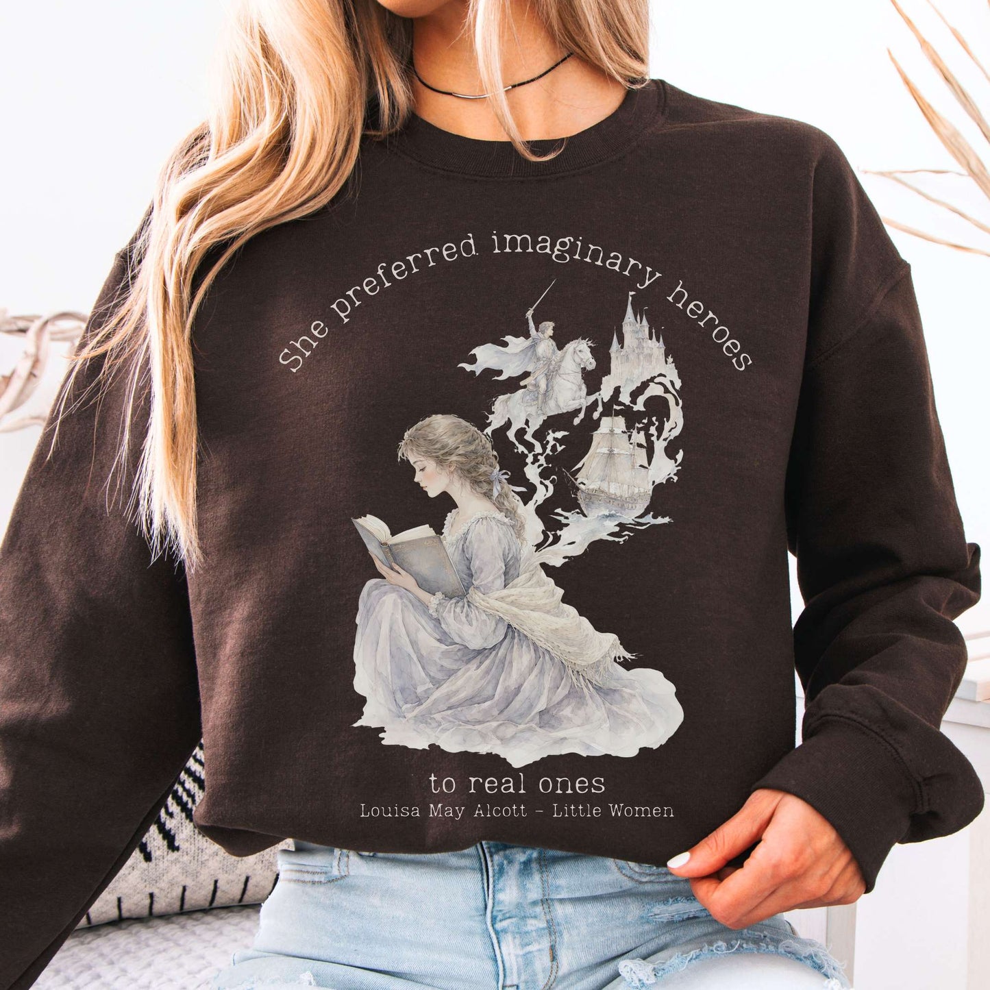 Dark Chocolate - She Preferred Imaginary Heroes Louisa May Alcott Literary Crewneck Sweatshirt