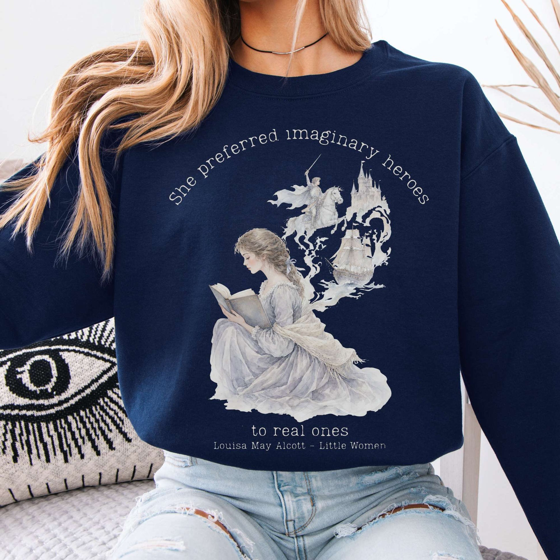 Navy - She Preferred Imaginary Heroes Louisa May Alcott Literary Crewneck Sweatshirt