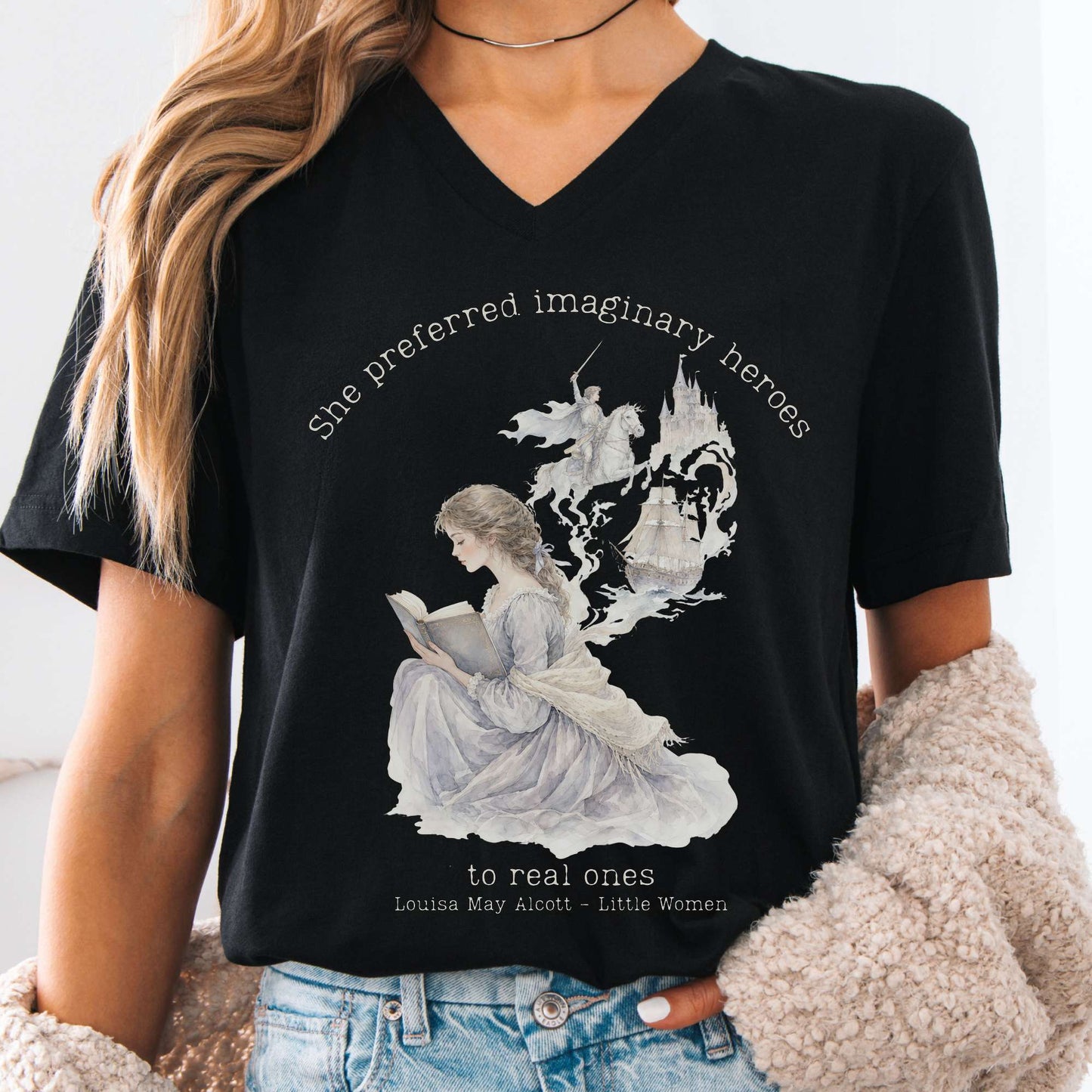 V-neck Black / S She Preferred Imaginary Heroes Louisa May Alcott Literary V-Neck The Mystic Eden