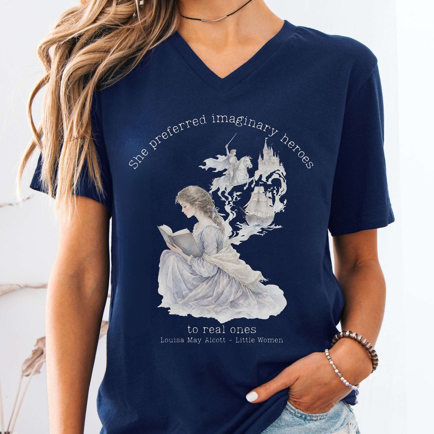 V-neck Navy / S She Preferred Imaginary Heroes Louisa May Alcott Literary V-Neck The Mystic Eden