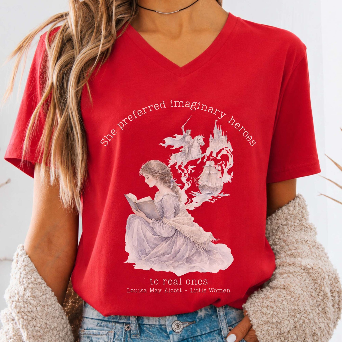 She Preferred Imaginary Heroes Louisa May Alcott Literary V-Neck