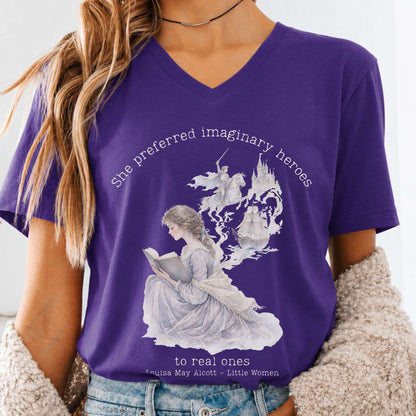 She Preferred Imaginary Heroes Louisa May Alcott Literary V-Neck