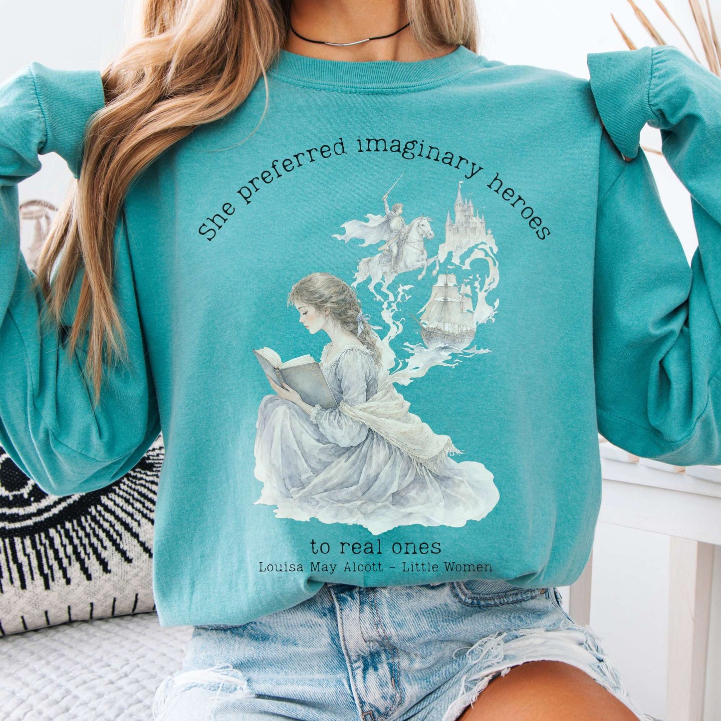 Long-sleeve Seafoam / S She Preferred Imaginary Heroes Louisa May Alcott Literary Long Sleeve The Mystic Eden