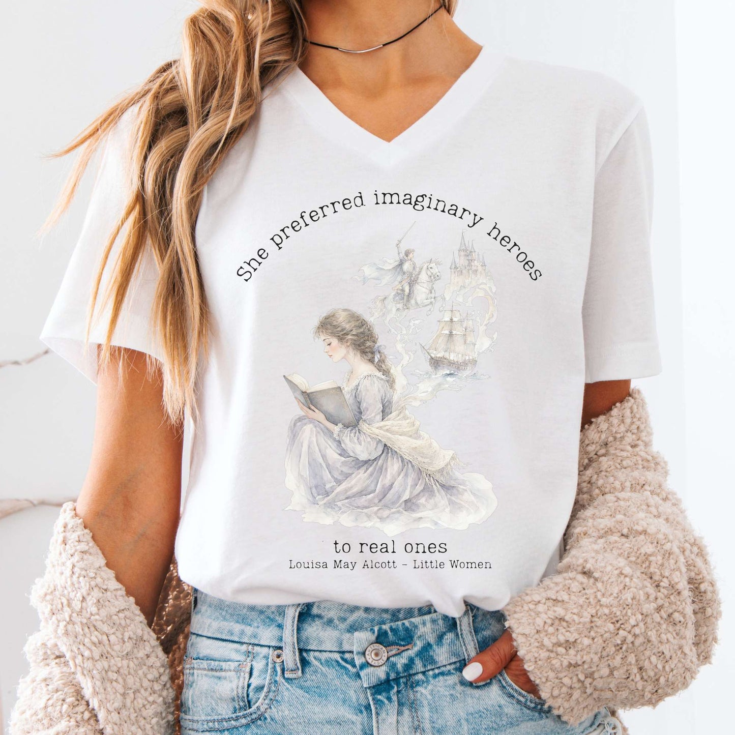 V-neck White / S She Preferred Imaginary Heroes Louisa May Alcott Literary V-Neck The Mystic Eden