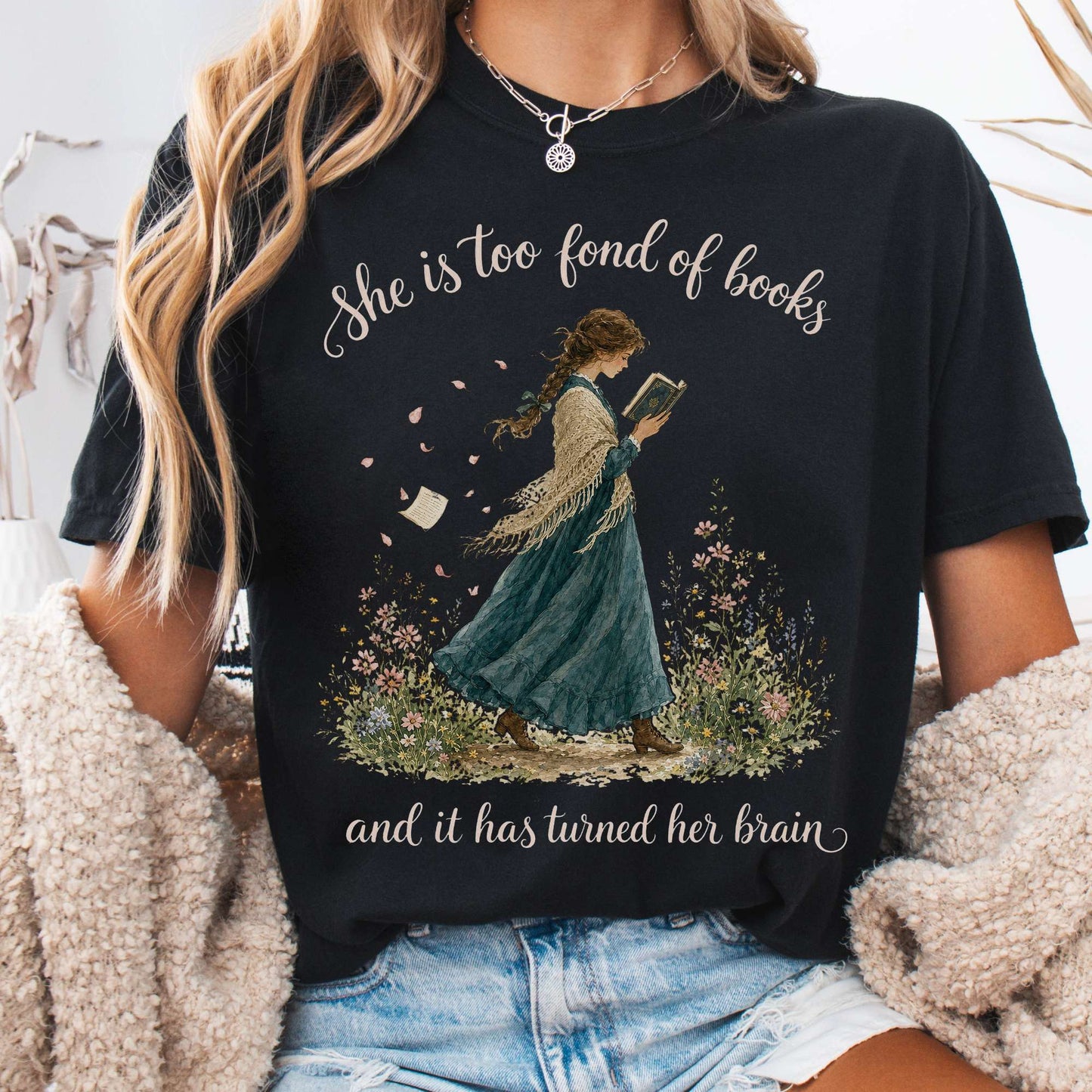 T-Shirt Black / S She Is Too Fond of Books Louisa May Alcott Literary T-Shirt The Mystic Eden