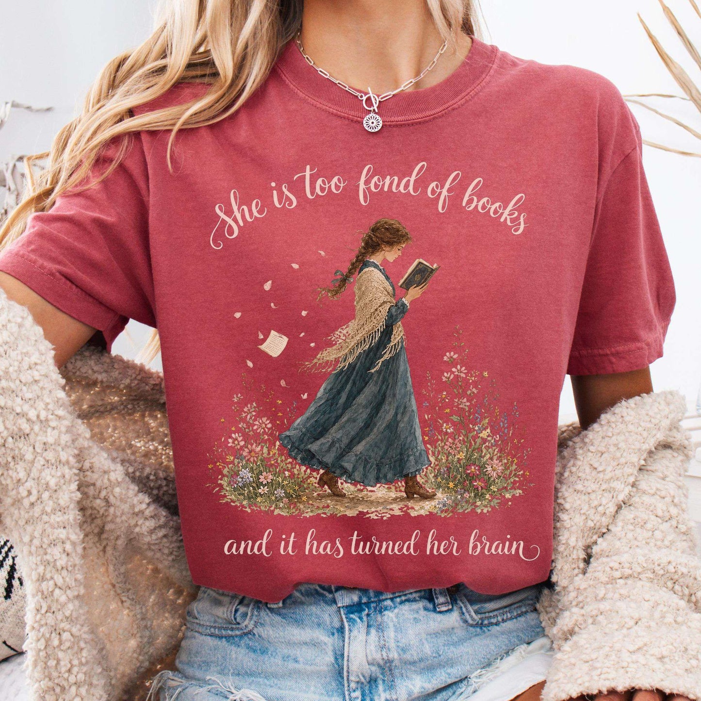 T-Shirt Crimson / S She Is Too Fond of Books Louisa May Alcott Literary T-Shirt The Mystic Eden