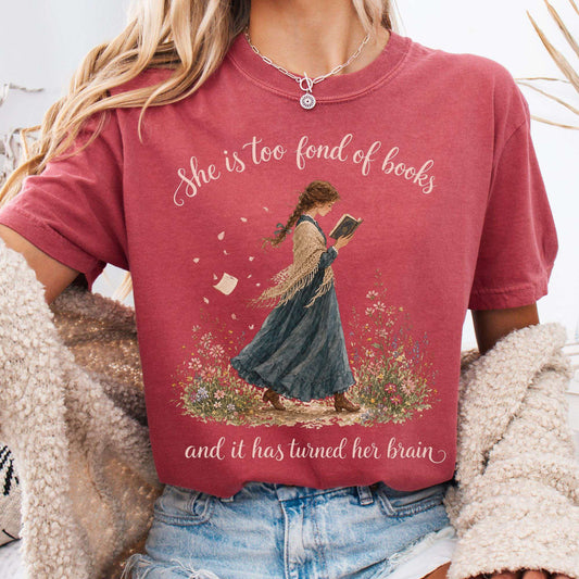 T-Shirt Crimson / S She Is Too Fond of Books Louisa May Alcott Literary T-Shirt The Mystic Eden