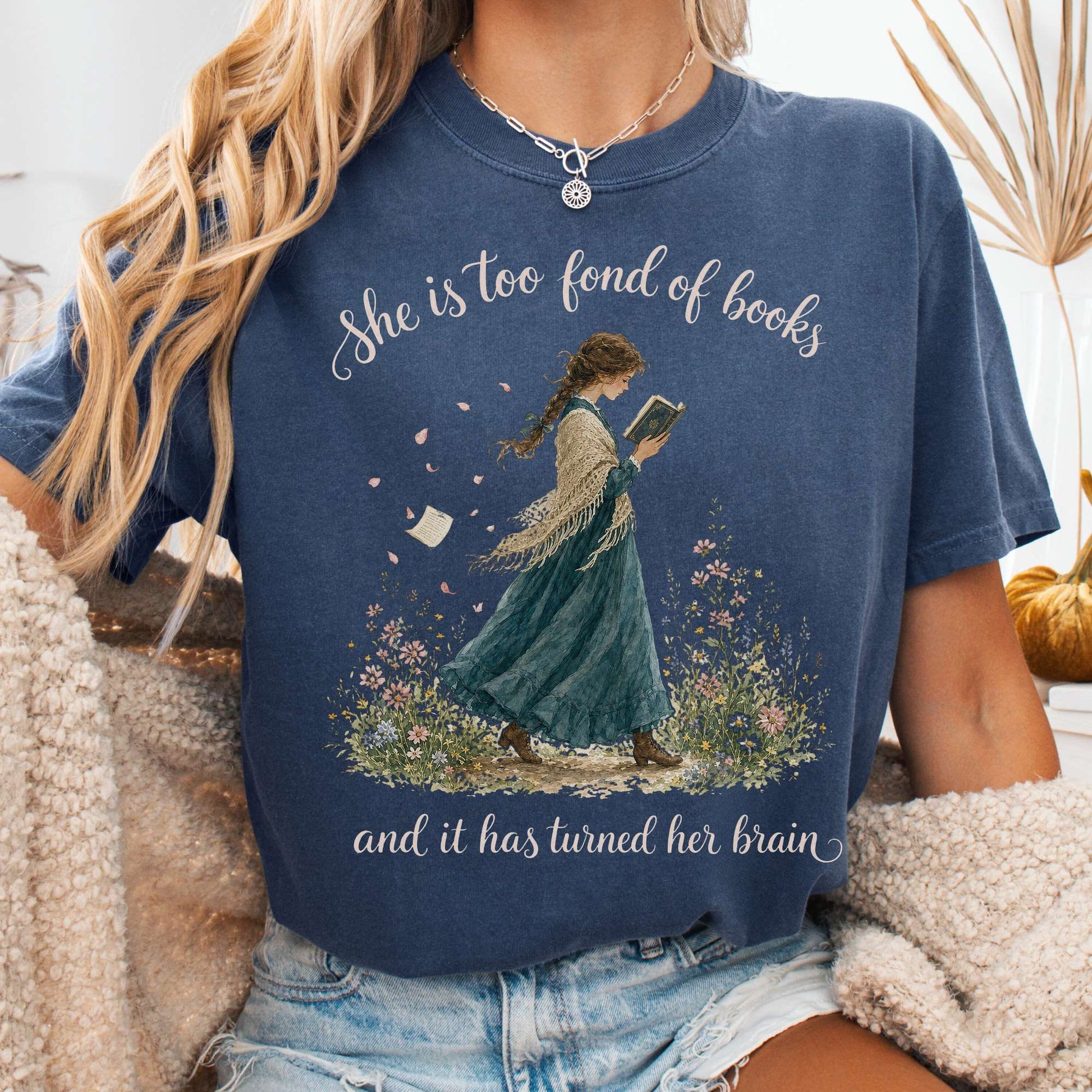 T-Shirt Denim / S She Is Too Fond of Books Louisa May Alcott Literary T-Shirt The Mystic Eden