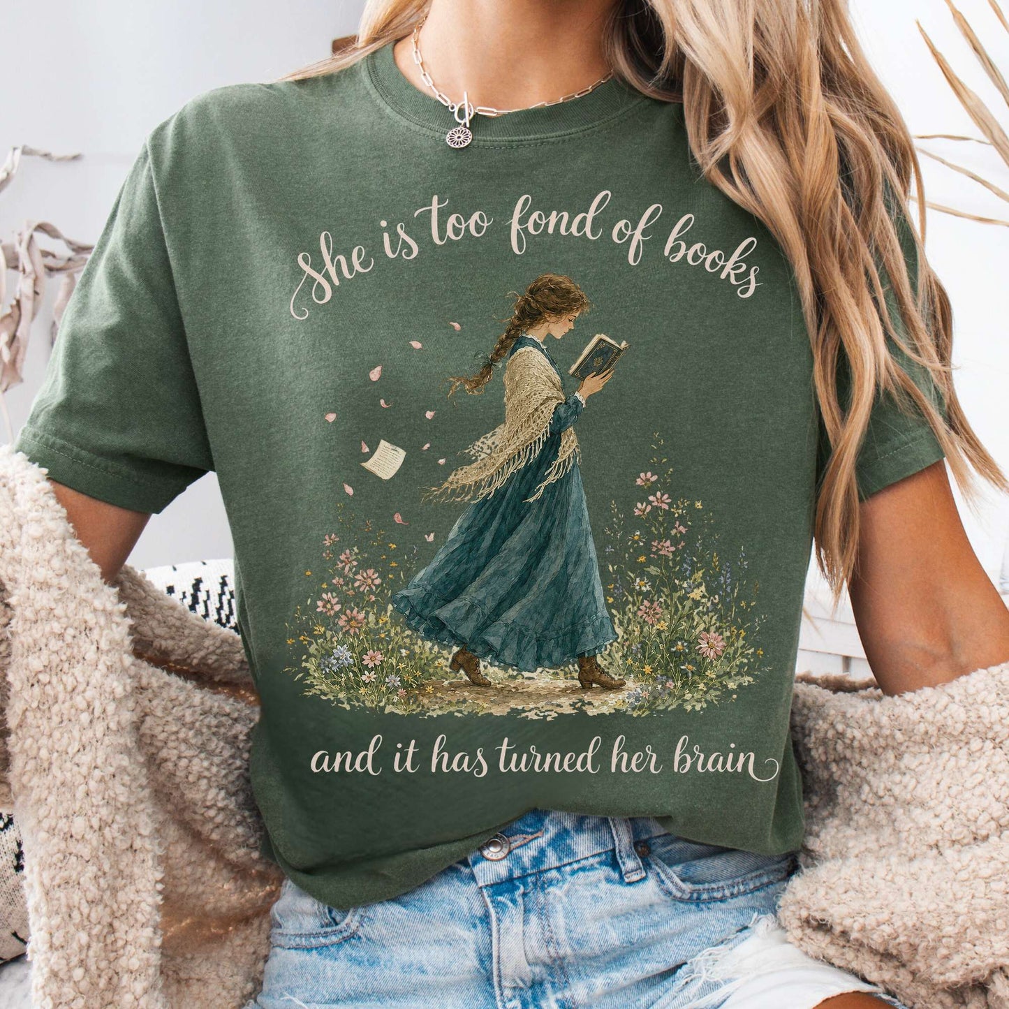T-Shirt Moss / S She Is Too Fond of Books Louisa May Alcott Literary T-Shirt The Mystic Eden