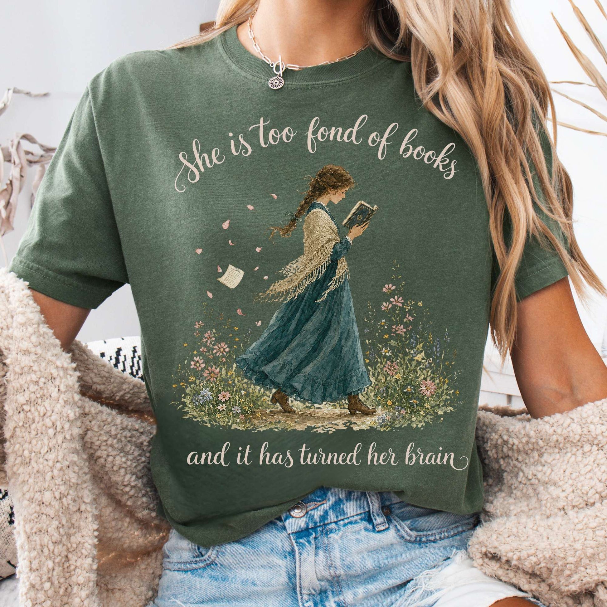 T-Shirt Moss / S She Is Too Fond of Books Louisa May Alcott Literary T-Shirt The Mystic Eden