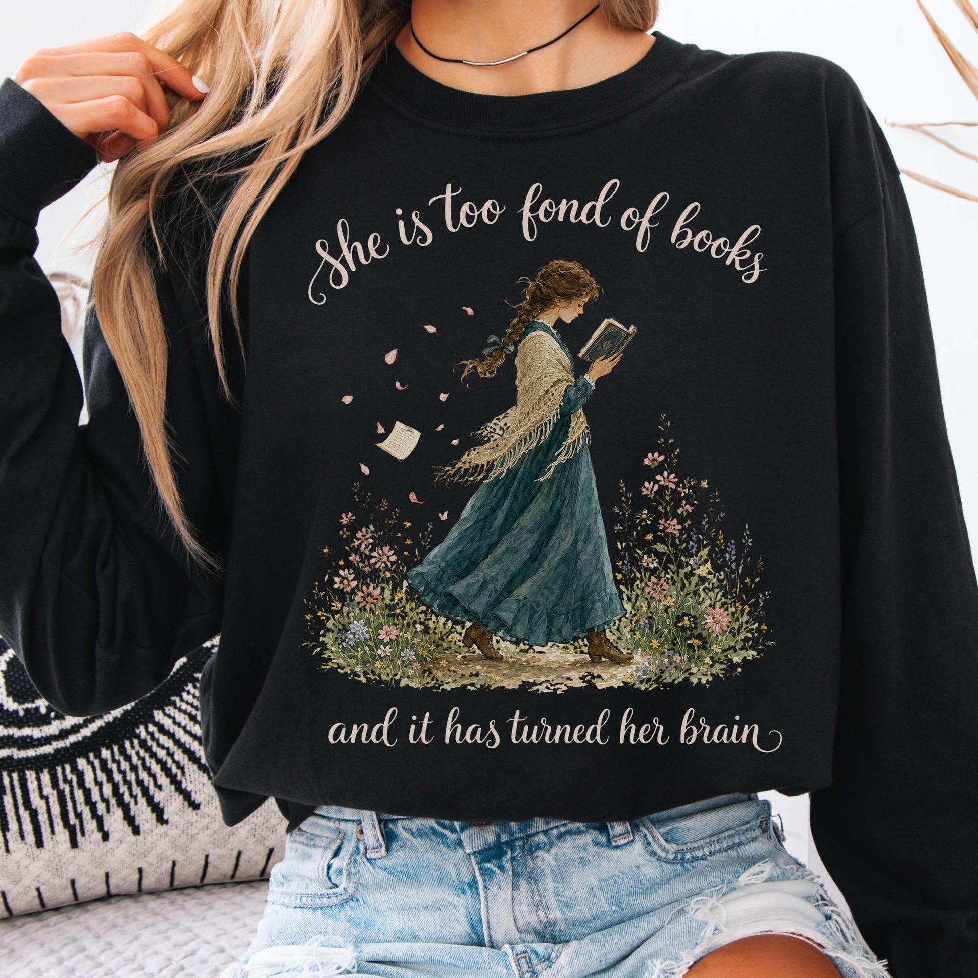 Long-sleeve Black / S She Is Too Fond of Books Louisa May Alcott Literary Long Sleeve The Mystic Eden