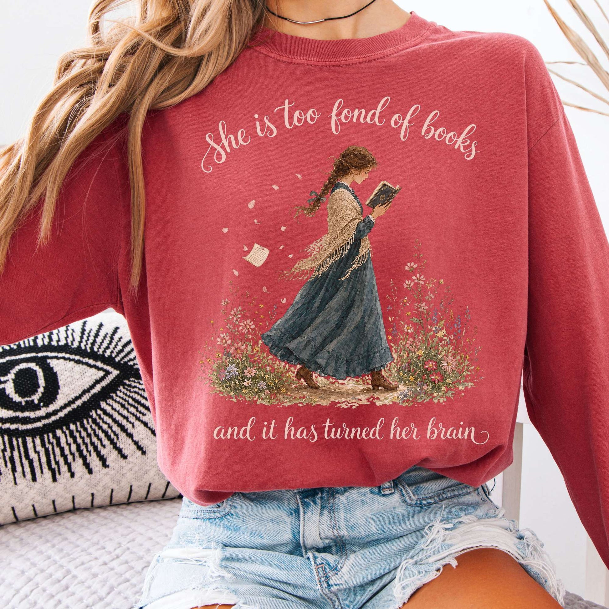 Long-sleeve Crimson / S She Is Too Fond of Books Louisa May Alcott Literary Long Sleeve The Mystic Eden