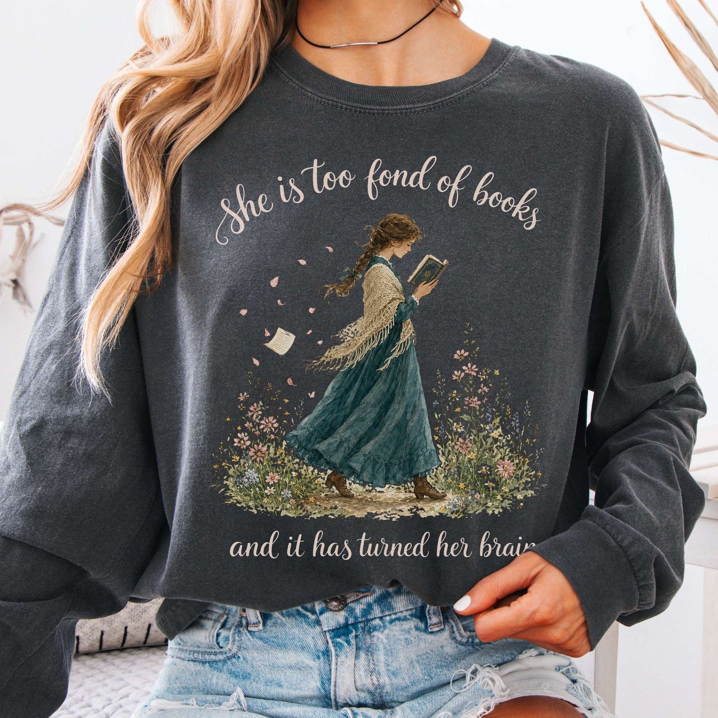 Long-sleeve Pepper / S She Is Too Fond of Books Louisa May Alcott Literary Long Sleeve The Mystic Eden