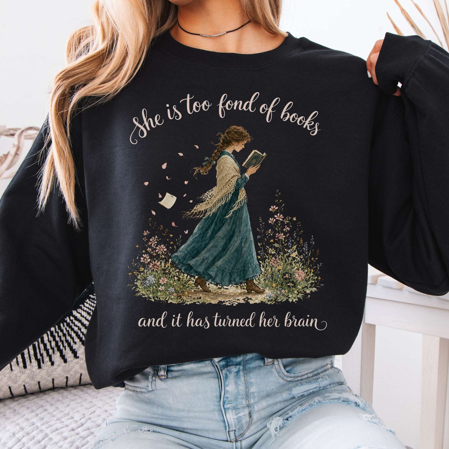 Sweatshirt Black / S She Is Too Fond of Books Louisa May Alcott Literary Crewneck Sweatshirt The Mystic Eden