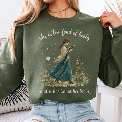 Sweatshirt Military Green / S She Is Too Fond of Books Louisa May Alcott Literary Crewneck Sweatshirt The Mystic Eden