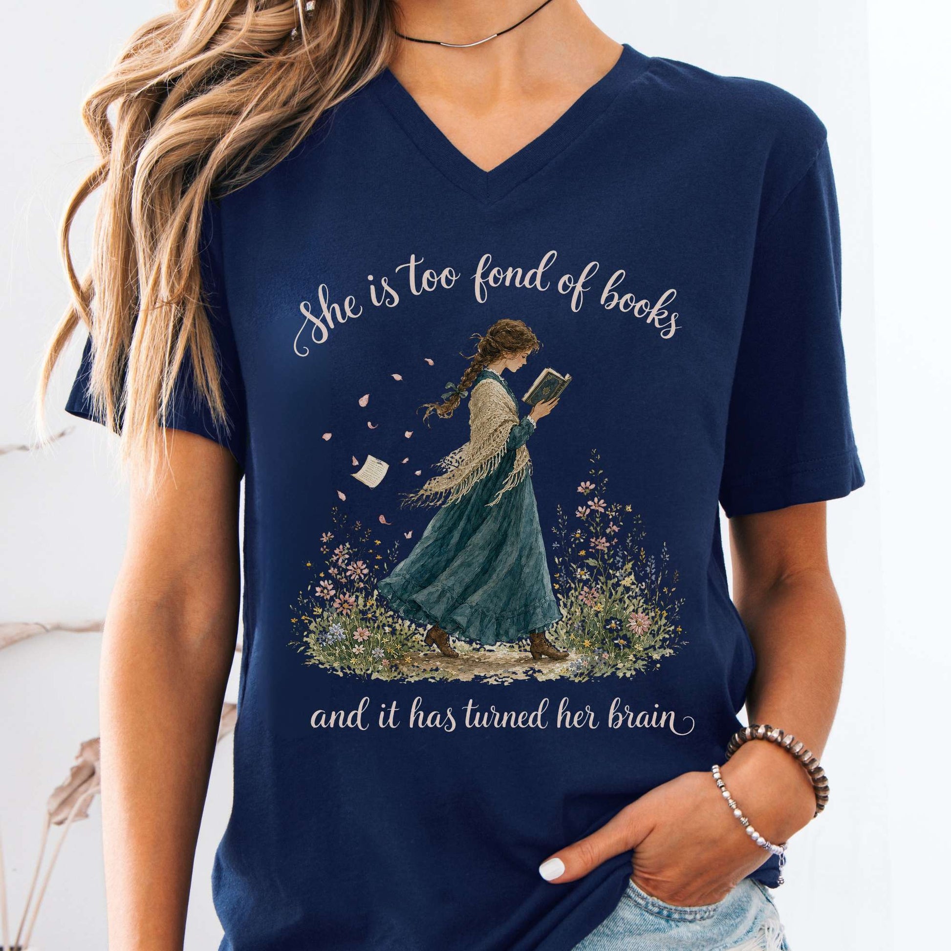 V-neck Navy / S She Is Too Fond of Books Louisa May Alcott Literary V-Neck The Mystic Eden