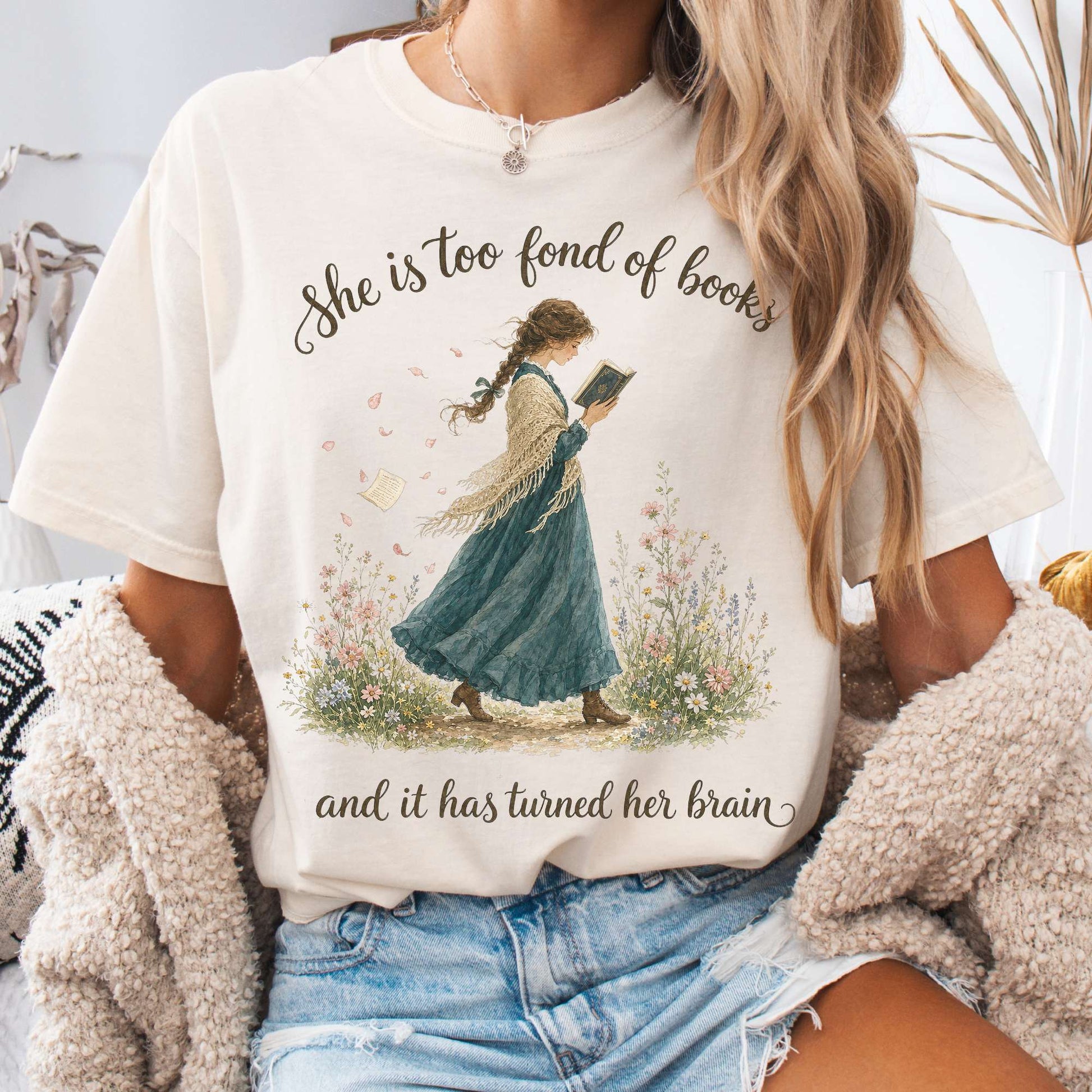 T-Shirt Ivory / S She Is Too Fond of Books Louisa May Alcott Literary T-Shirt The Mystic Eden